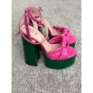FruityPoms Platform HeelsHotPink SnakePrintChunkyBlockHeelAnkle StrapSandals